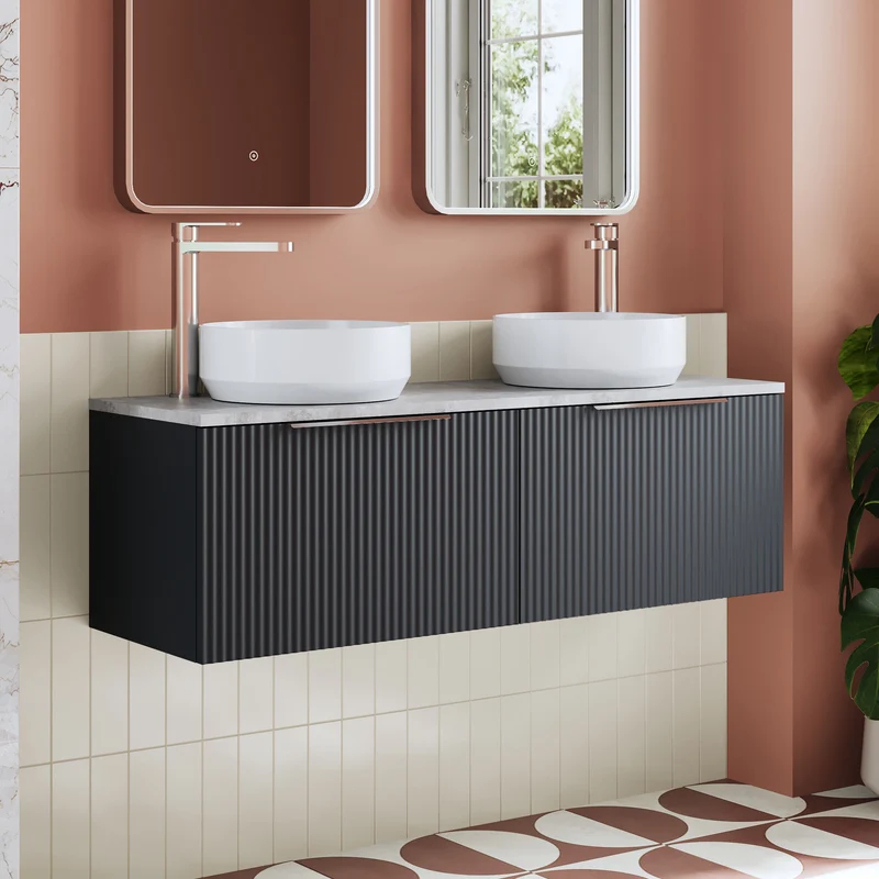 Fluted 1200mm Wall Hung 2 Drawer Vanity Unit & Bellato Grey Laminate Worktop - Soft Black Satin