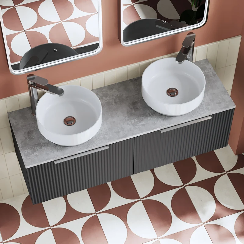 Fluted 1200mm Wall Hung 2 Drawer Vanity Unit & Bellato Grey Laminate Worktop - Soft Black Satin