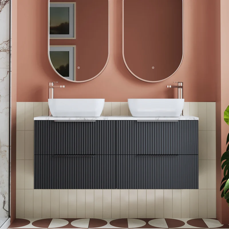 Fluted 1200mm Wall Hung 4 Drawer Vanity Unit & Carrera Marble Laminate Worktop - Soft Black Satin