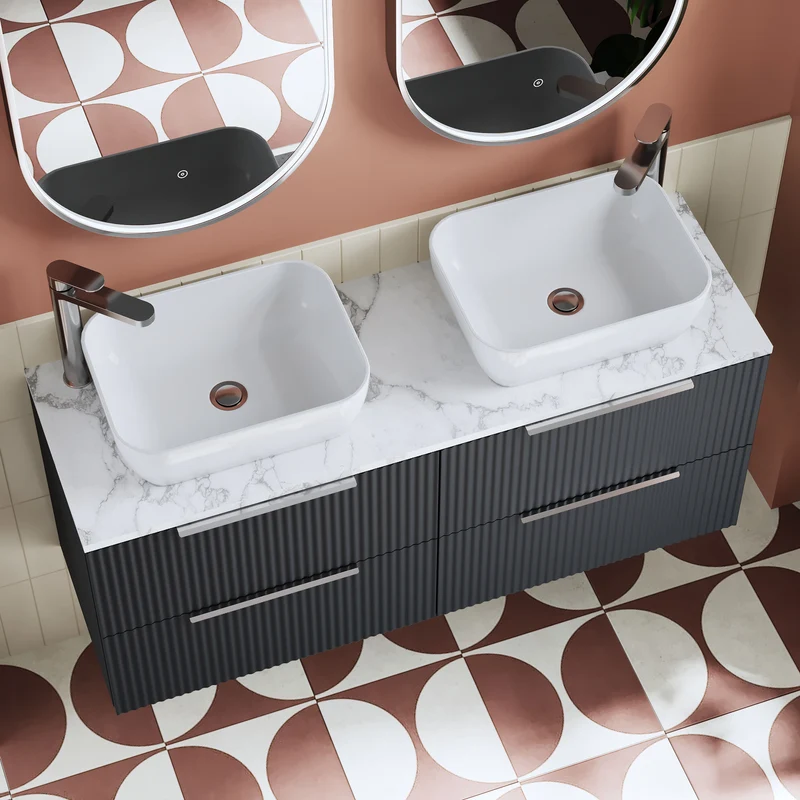 Fluted 1200mm Wall Hung 4 Drawer Vanity Unit & Carrera Marble Laminate Worktop - Soft Black Satin