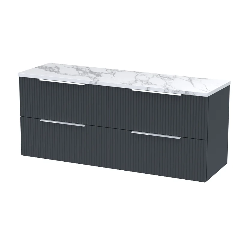Fluted 1200mm Wall Hung 4 Drawer Vanity Unit & Carrera Marble Laminate Worktop - Soft Black Satin