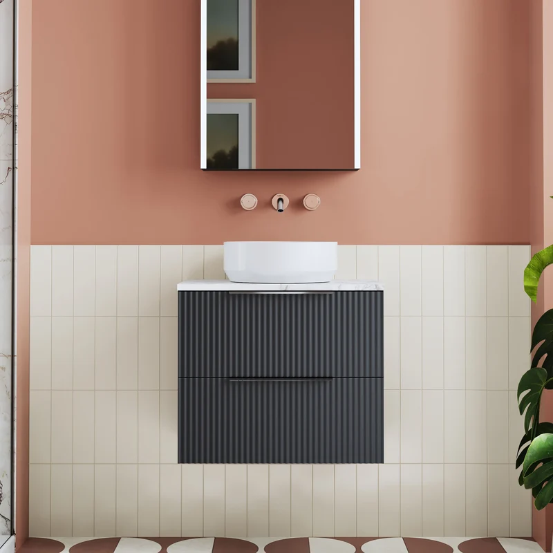 Fluted 600mm Wall Hung 2 Drawer Vanity Unit & Carrera Marble Laminate Worktop - Soft Black Satin