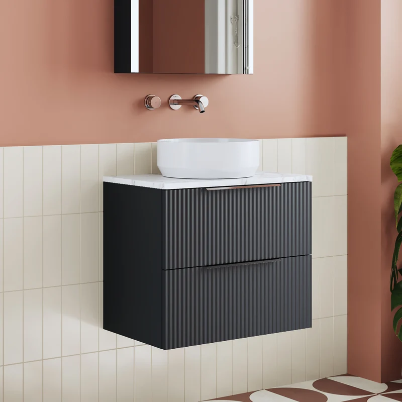 Fluted 600mm Wall Hung 2 Drawer Vanity Unit & Carrera Marble Laminate Worktop - Soft Black Satin