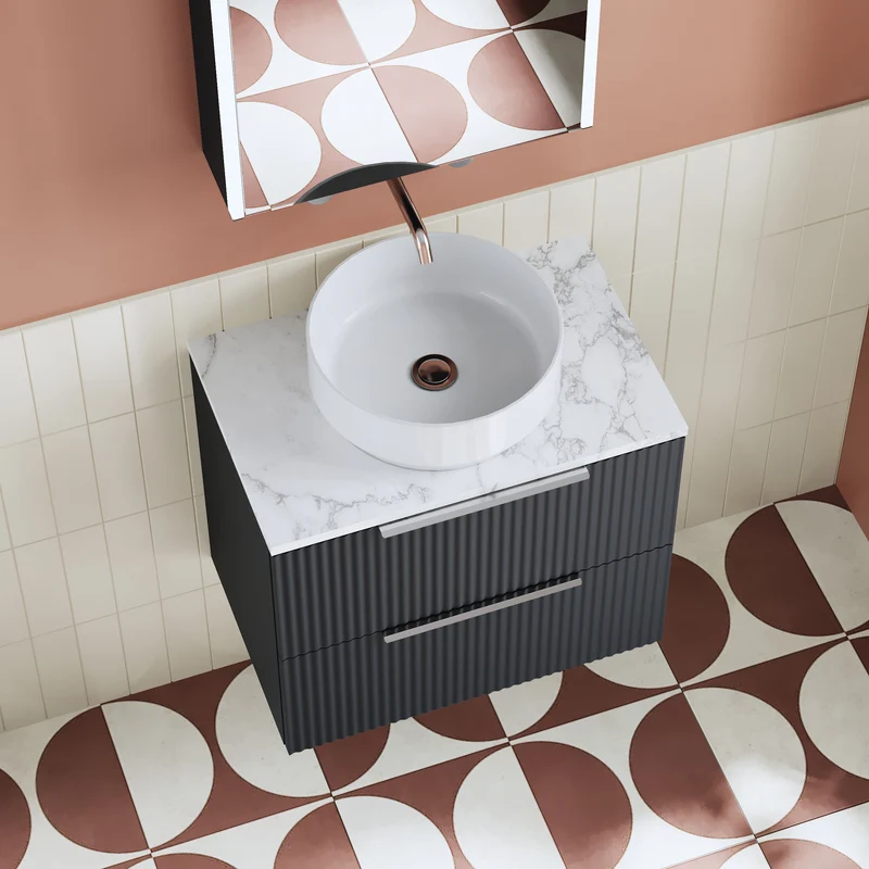 Fluted 600mm Wall Hung 2 Drawer Vanity Unit & Carrera Marble Laminate Worktop - Soft Black Satin