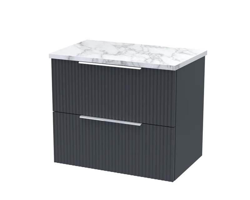 Fluted 600mm Wall Hung 2 Drawer Vanity Unit & Carrera Marble Laminate Worktop - Soft Black Satin
