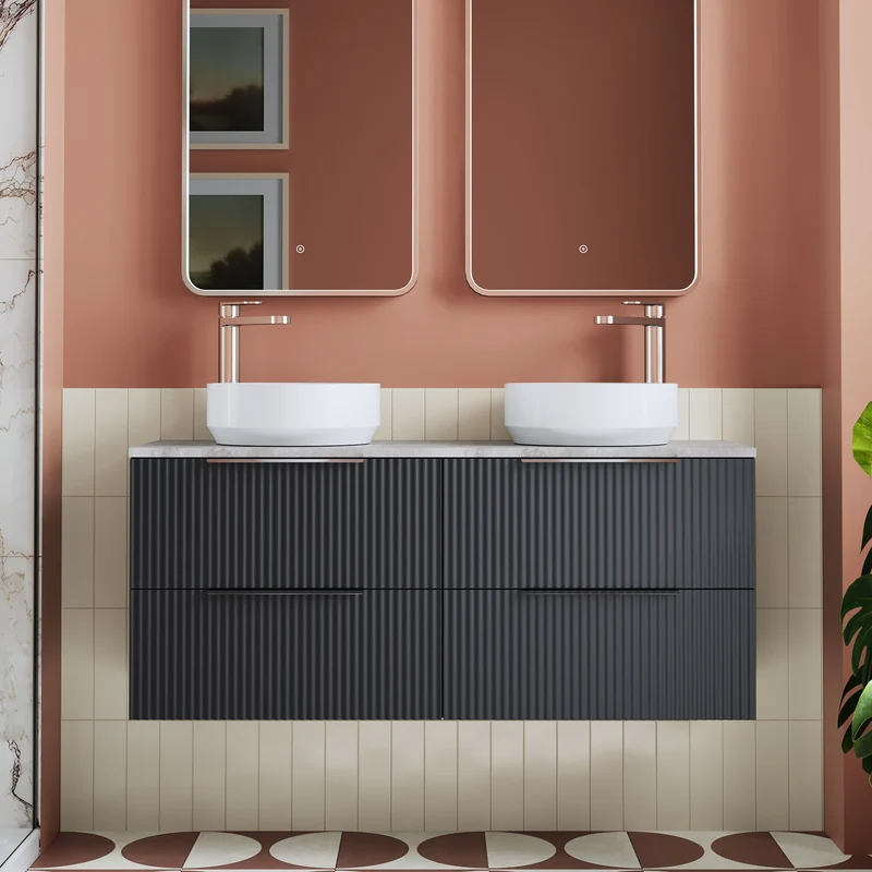 Fluted 1200mm Wall Hung 4 Drawer Vanity Unit & Bellato Grey Laminate Worktop - Soft Black Satin
