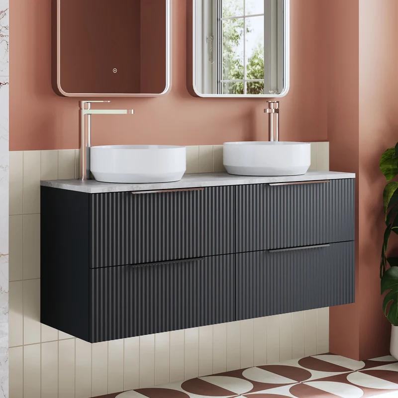 Fluted 1200mm Wall Hung 4 Drawer Vanity Unit & Bellato Grey Laminate Worktop - Soft Black Satin