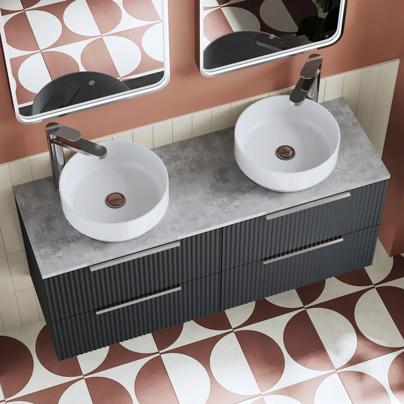 Fluted 1200mm Wall Hung 4 Drawer Vanity Unit & Bellato Grey Laminate Worktop - Soft Black Satin