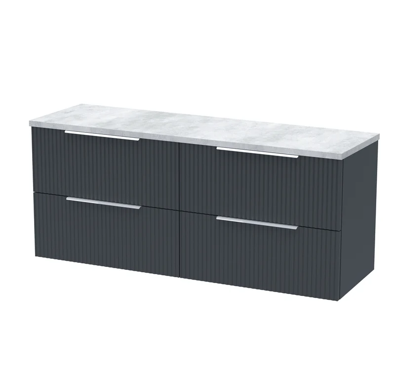 Fluted 1200mm Wall Hung 4 Drawer Vanity Unit & Bellato Grey Laminate Worktop - Soft Black Satin