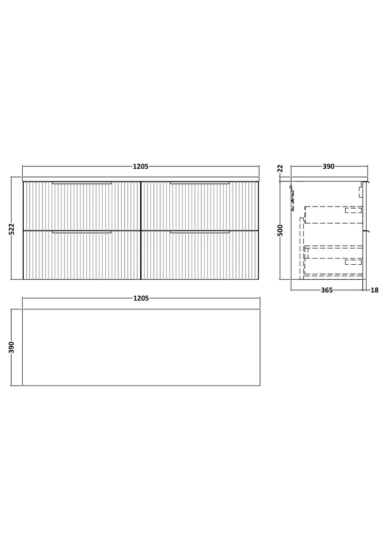Fluted 1200mm Wall Hung 4 Drawer Vanity Unit & Bellato Grey Laminate Worktop - Soft Black Satin