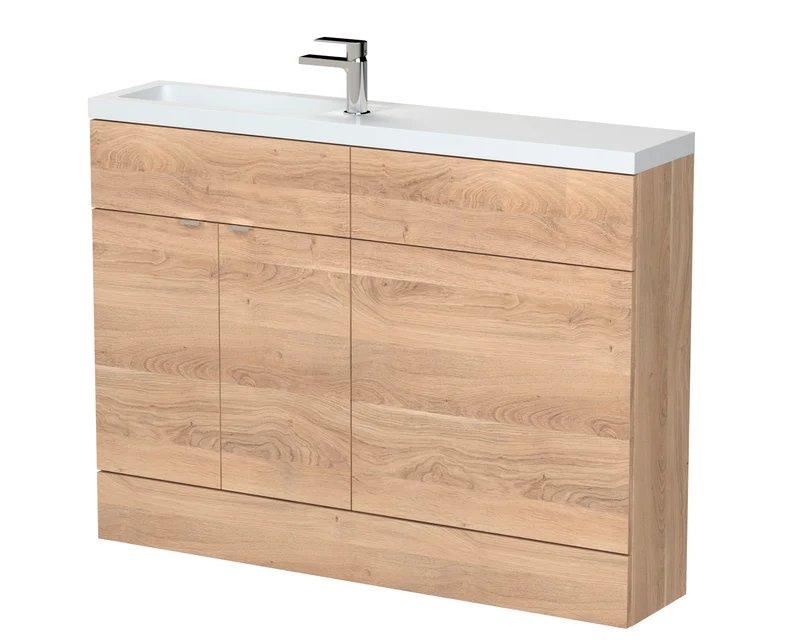 Fusion 1200mm Slimline Floor Standing Basin & WC Combination Unit - Bleached Oak Woodgrain