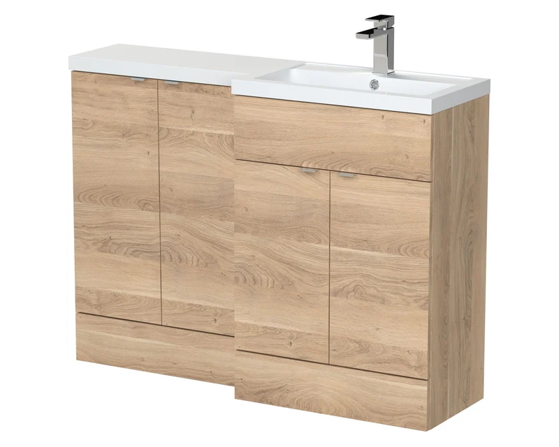 Fusion 1200mm Floor Standing Basin & 2 Door Cabinet Combination Unit With Right Hand Basin - Bleached Oak Woodgrain