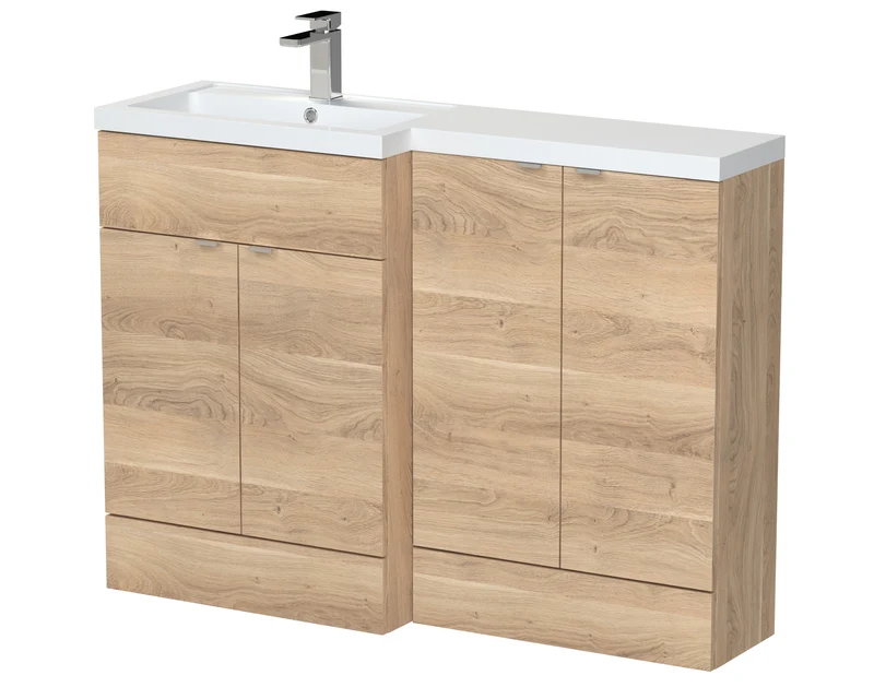 Fusion 1200mm Floor Standing Basin & 2 Door Cabinet Combination Unit With Left Hand Basin - Bleached Oak Woodgrain