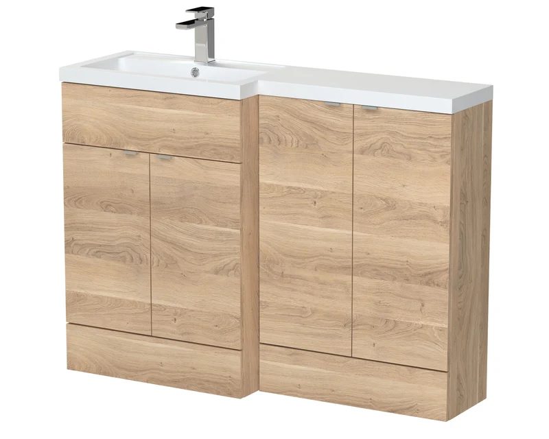 Fusion 1200mm Floor Standing Basin & 2 Door Cabinet Combination Unit With Left Hand Basin - Bleached Oak Woodgrain