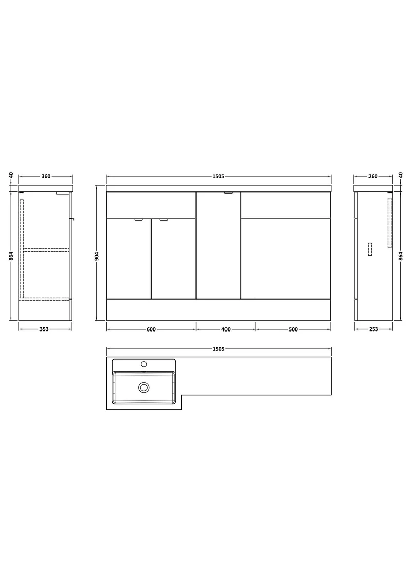 Fusion 1500mm Floor Standing Basin 300mm Cabinet & 600mm WC Combination Unit With Left Hand Basin - Bleached Oak Woodgrain