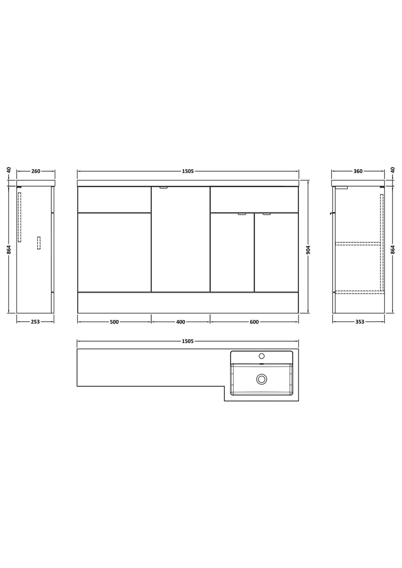 Fusion 1500mm Floor Standing Basin 400mm Cabinet & 500mm WC Combination Unit With Right Hand Basin - Bleached Oak Woodgrain