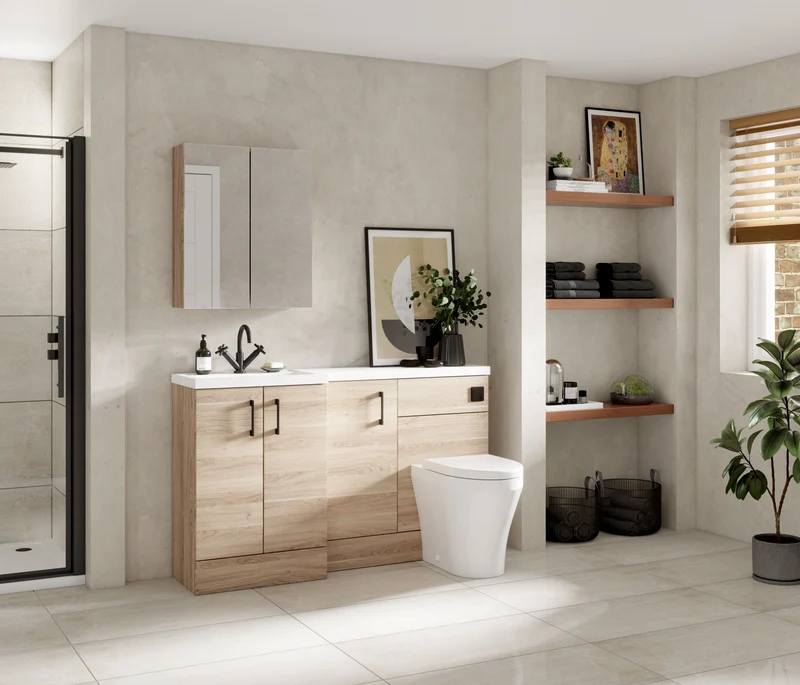Fusion 1500mm Floor Standing Basin 400mm Cabinet & 500mm WC Combination Unit With Left Hand Basin - Bleached Oak Woodgrain