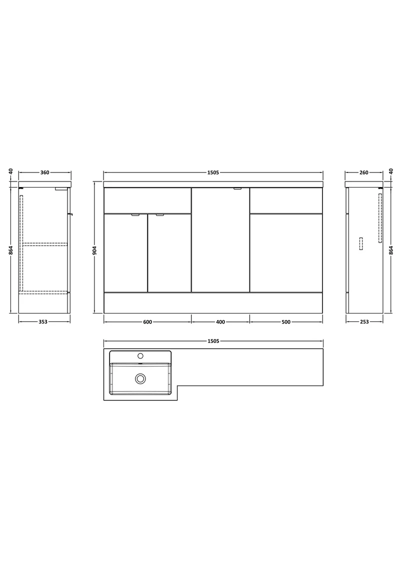 Fusion 1500mm Floor Standing Basin 400mm Cabinet & 500mm WC Combination Unit With Left Hand Basin - Bleached Oak Woodgrain