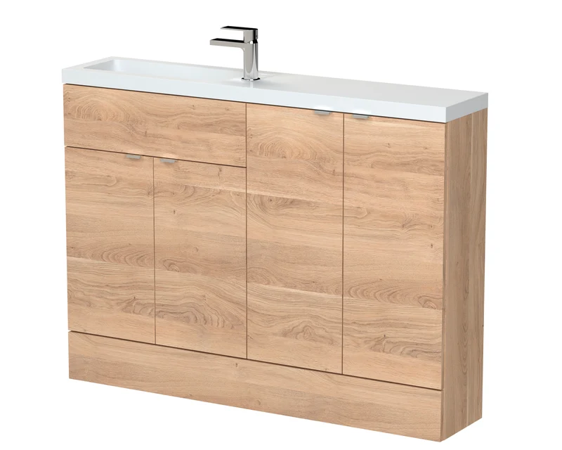 Fusion 1200mm Slimline Floor Standing Basin & 2 Door Cabinet Combination Unit - Bleached Oak Woodgrain