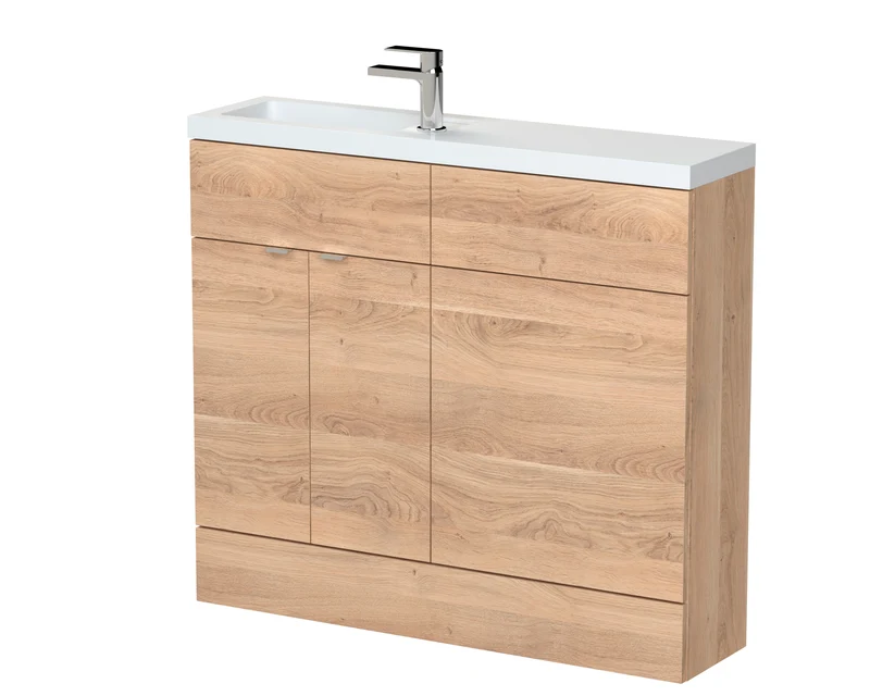 Fusion 1000mm Slimline Floor Standing Basin & WC Combination Unit - Bleached Oak Woodgrain
