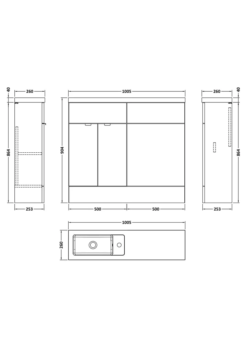 Fusion 1000mm Slimline Floor Standing Basin & WC Combination Unit - Bleached Oak Woodgrain
