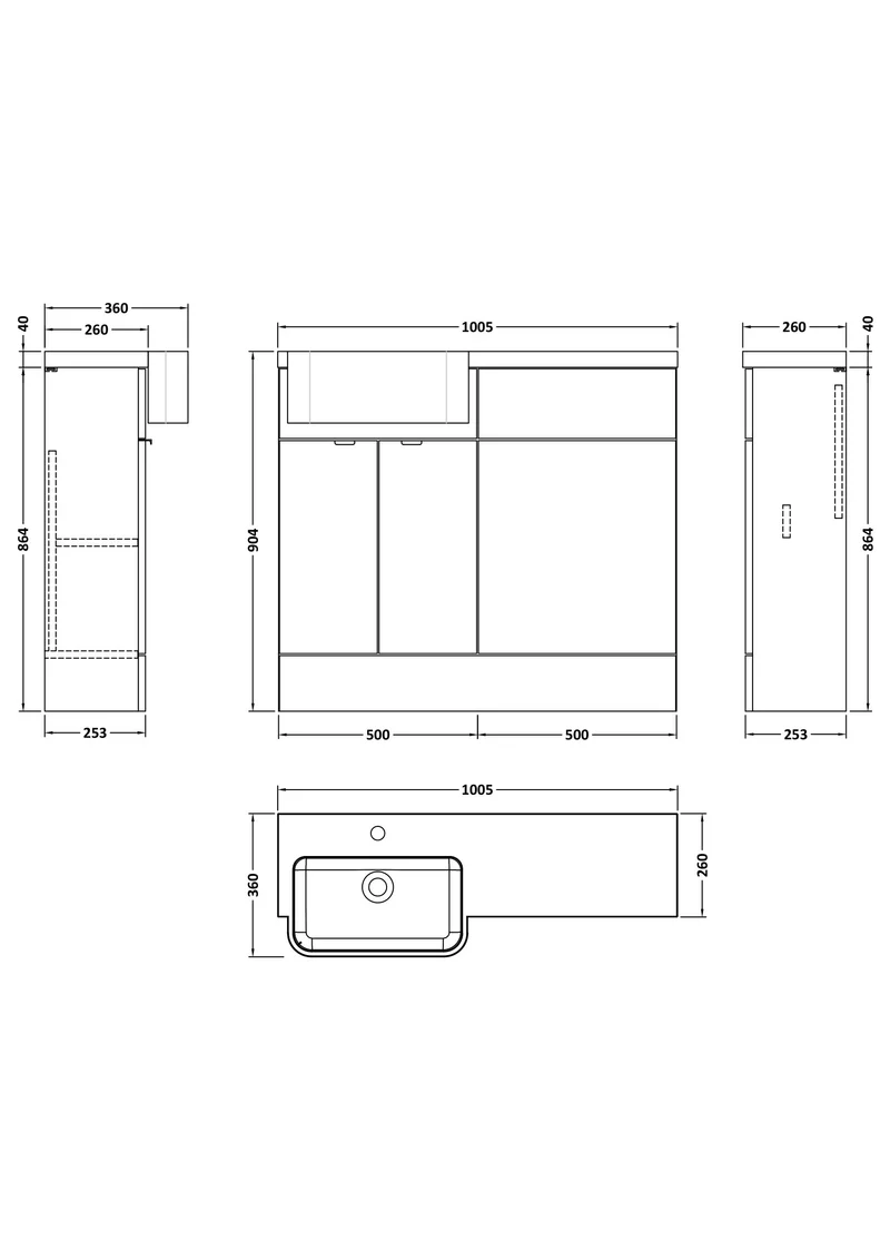 Fusion 1000mm Floor Standing Round Semi-Recessed Basin & WC Combination Unit With Left Hand Basin - Bleached Oak Woodgrain