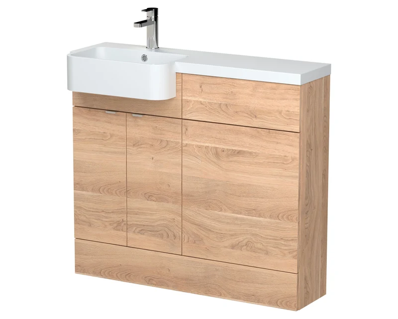 Fusion 1000mm Floor Standing Round Semi-Recessed Basin & WC Combination Unit With Left Hand Basin - Bleached Oak Woodgrain