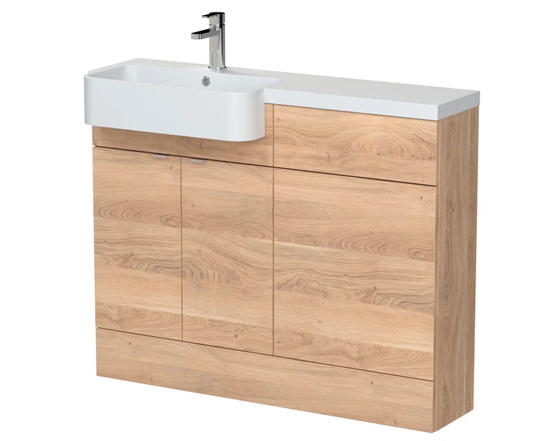 Fusion 1100mm Floor Standing Round Semi-Recessed Basin & WC Combination Unit With Left Hand Basin - Bleached Oak Woodgrain