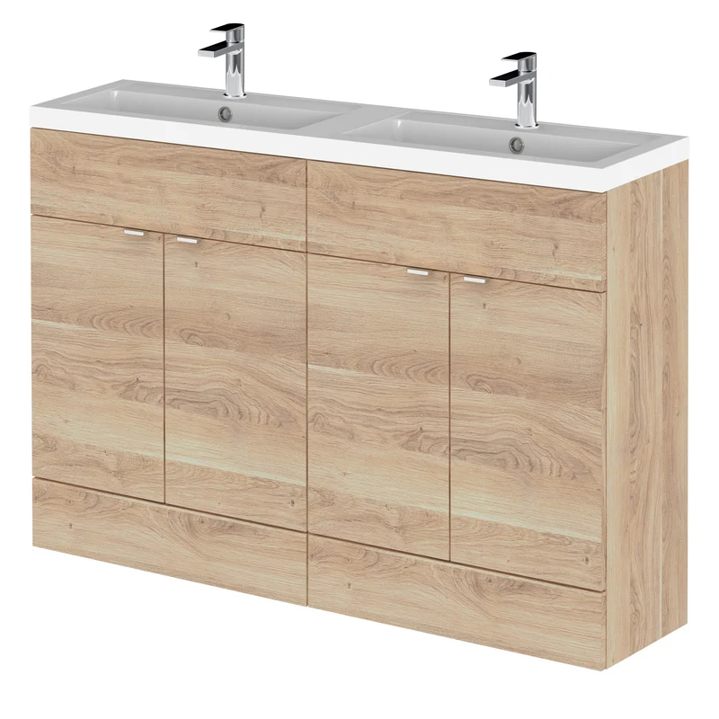 Fusion 1200mm Floor Standing Vanity Unit & Double Polymarble Basin - Bleached Oak Woodgrain