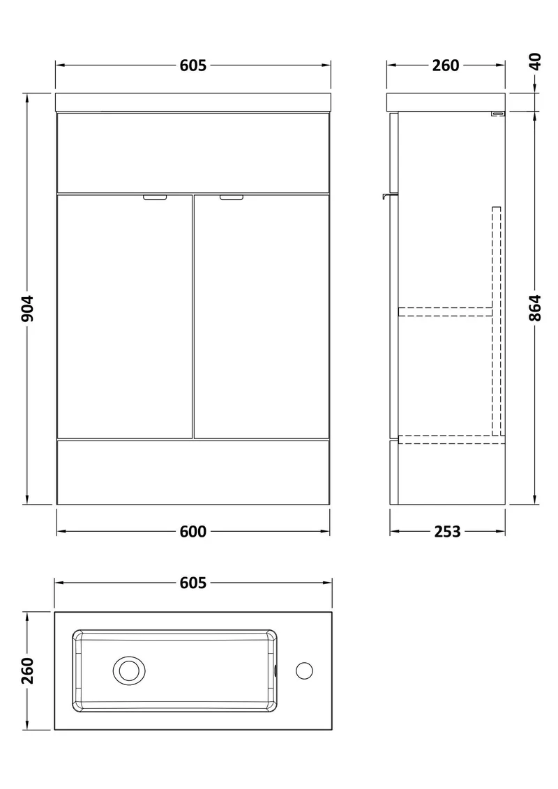 Fusion 600mm Slimline Floor Standing Vanity Unit & Basin - Pebble Grey Matt