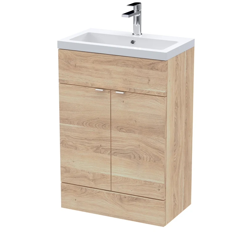 Fusion 600mm Floor Standing Vanity Unit & Polymarble Basin - Bleached Oak Woodgrain