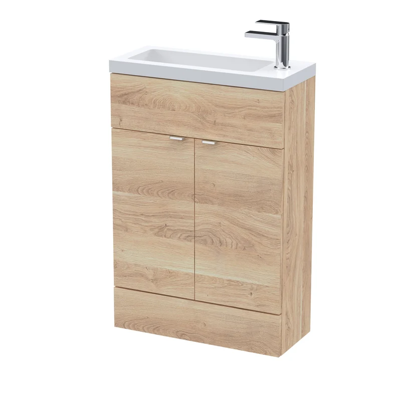 Fusion 600mm Slimline Floor Standing Vanity Unit & Basin - Bleached Oak Woodgrain