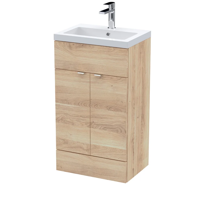 Fusion 500mm Floor Standing Vanity Unit & Ceramic Basin - Bleached Oak Woodgrain