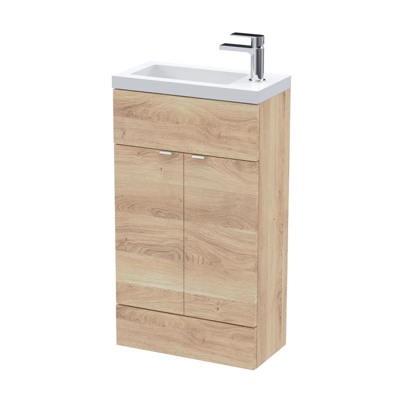 Fusion 500mm Slimline Floor Standing Vanity Unit & Basin - Bleached Oak Woodgrain