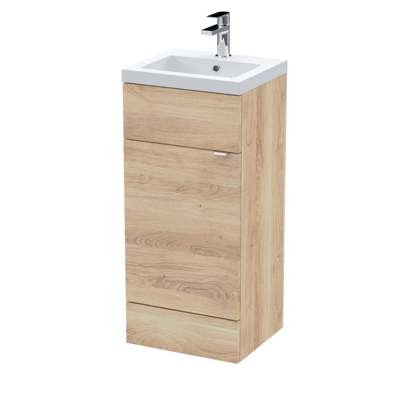 Fusion 400mm Floor Standing Vanity Unit & Polymarble Basin - Bleached Oak Woodgrain