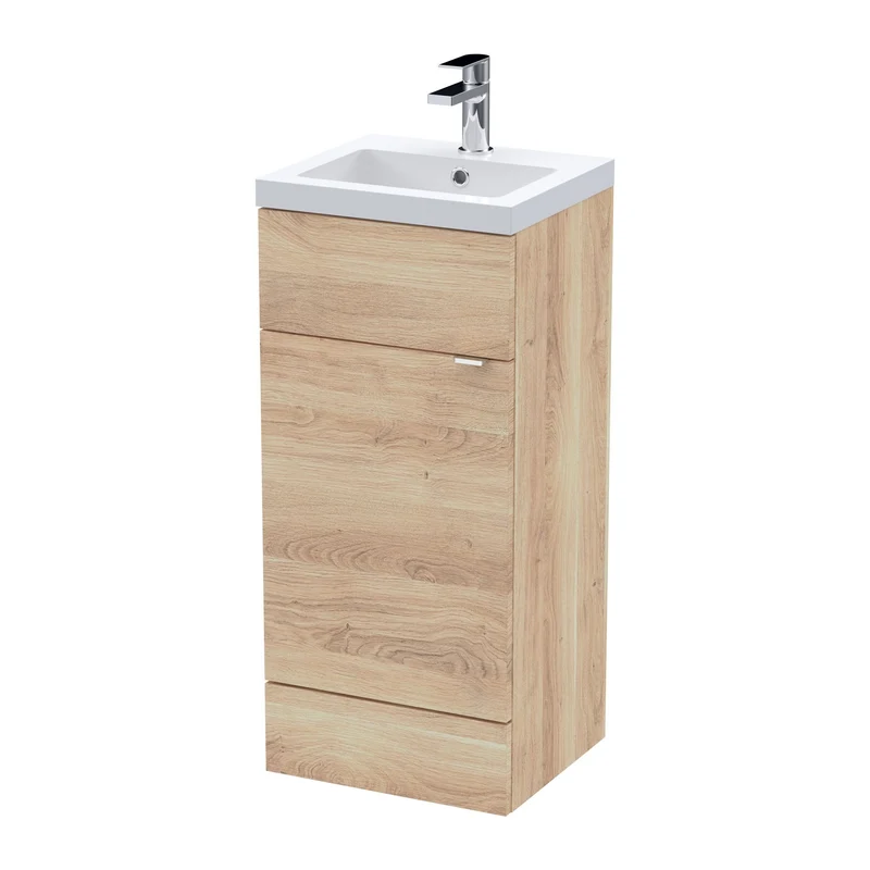 Fusion 400mm Floor Standing Vanity Unit & Polymarble Basin - Bleached Oak Woodgrain