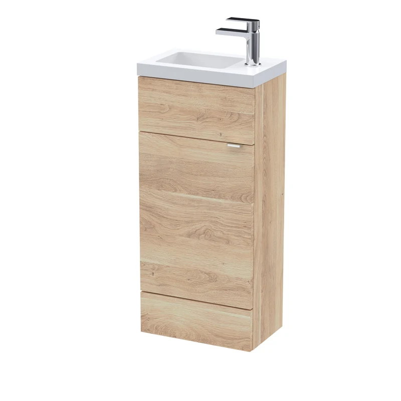 Fusion 400mm Slimline Floor Standing Vanity Unit & Basin - Bleached Oak Woodgrain