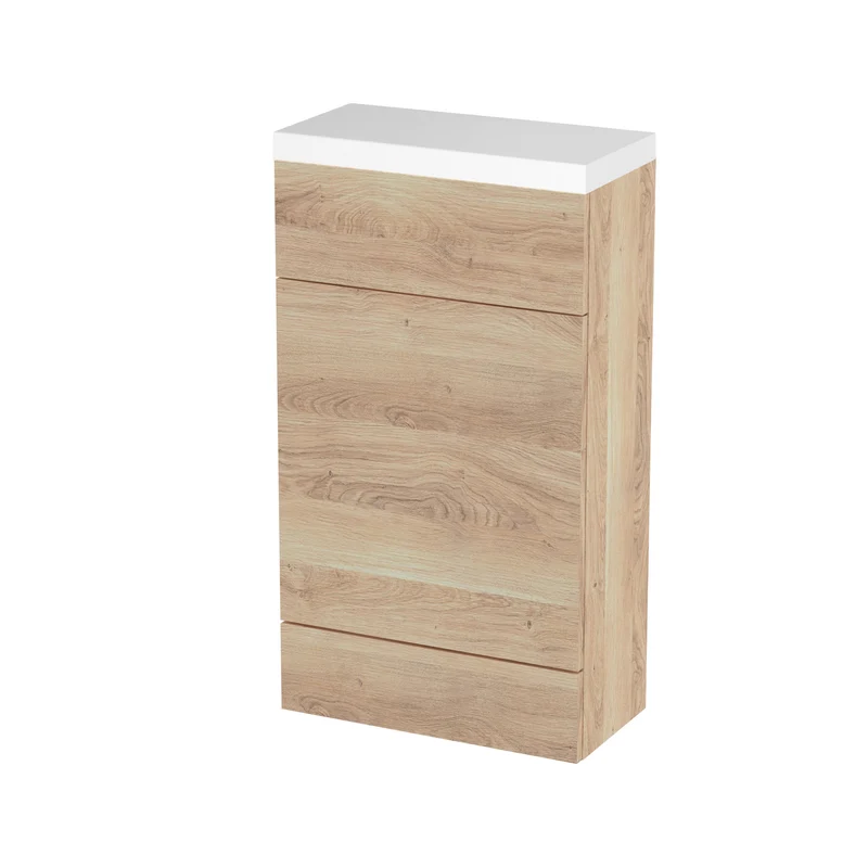 Fusion 500mm Slimline Floor Standing WC Unit With Polymarble Top - Bleached Oak Woodgrain