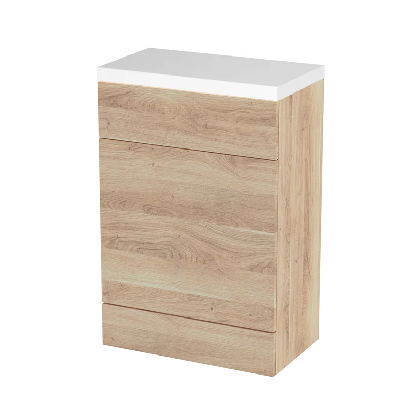 Fusion 600mm Floor Standing WC Unit With Polymarble Top - Bleached Oak Woodgrain