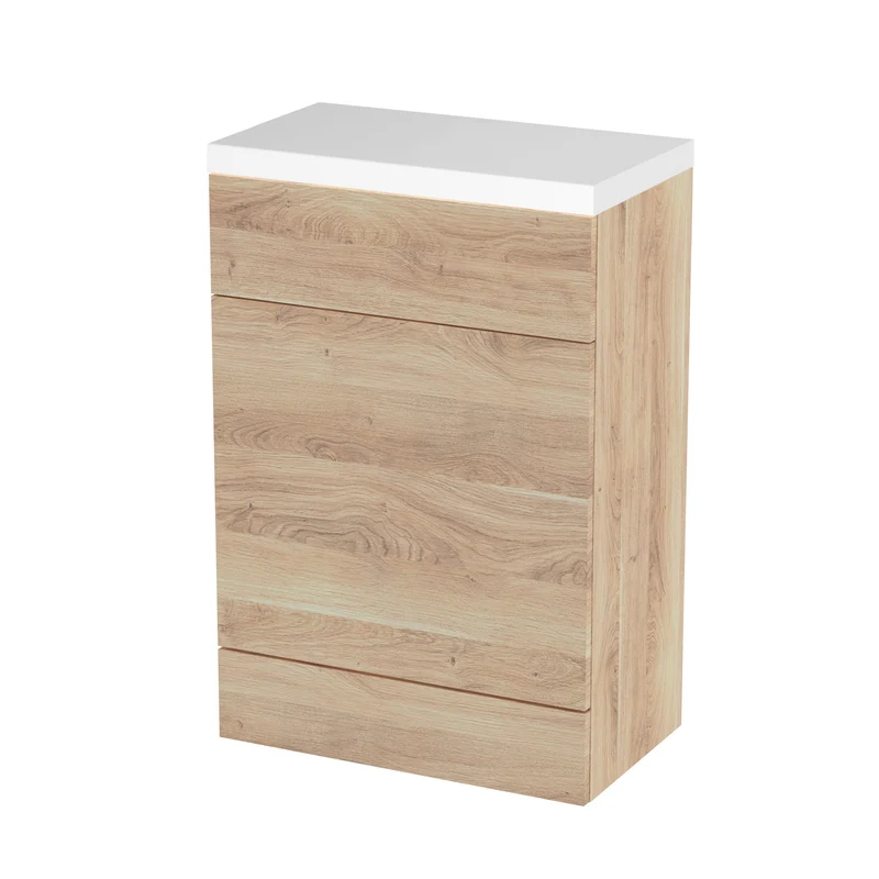 Fusion 600mm Floor Standing WC Unit With Polymarble Top - Bleached Oak Woodgrain