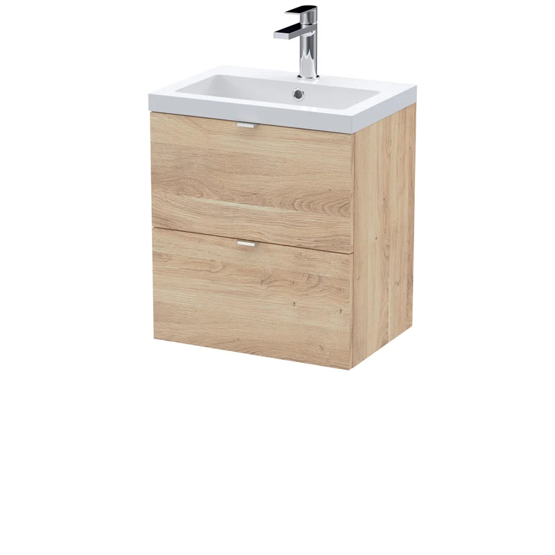 Fusion 500mm Wall Hung 2 Drawer Vanity Unit & Ceramic Basin - Bleached Oak Woodgrain
