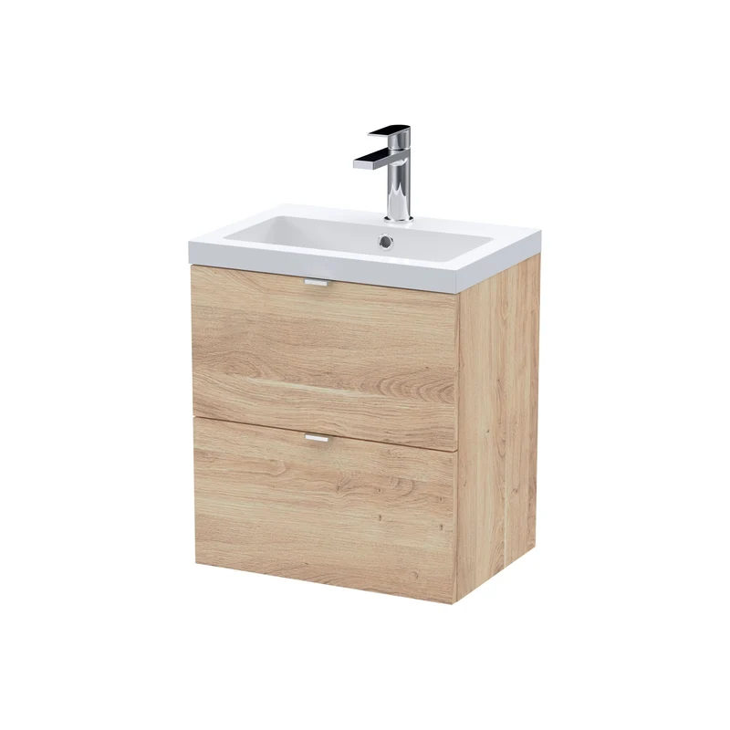Fusion 500mm Wall Hung 2 Drawer Vanity Unit & Ceramic Basin - Bleached Oak Woodgrain