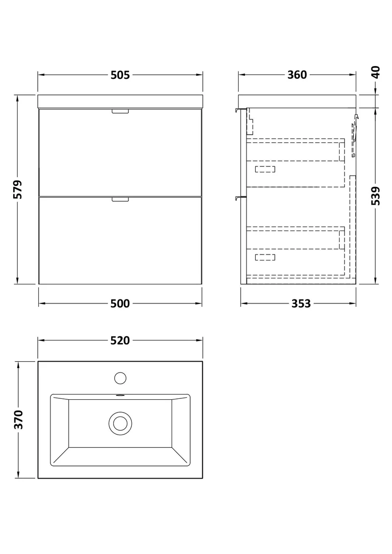 Fusion 500mm Wall Hung 2 Drawer Vanity Unit & Ceramic Basin - Bleached Oak Woodgrain