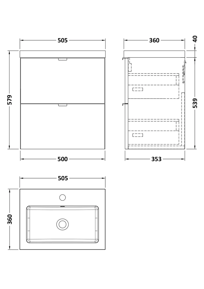 Fusion 500mm Wall Hung 2 Drawer Vanity Unit & Polymarble Basin - Bleached Oak Woodgrain