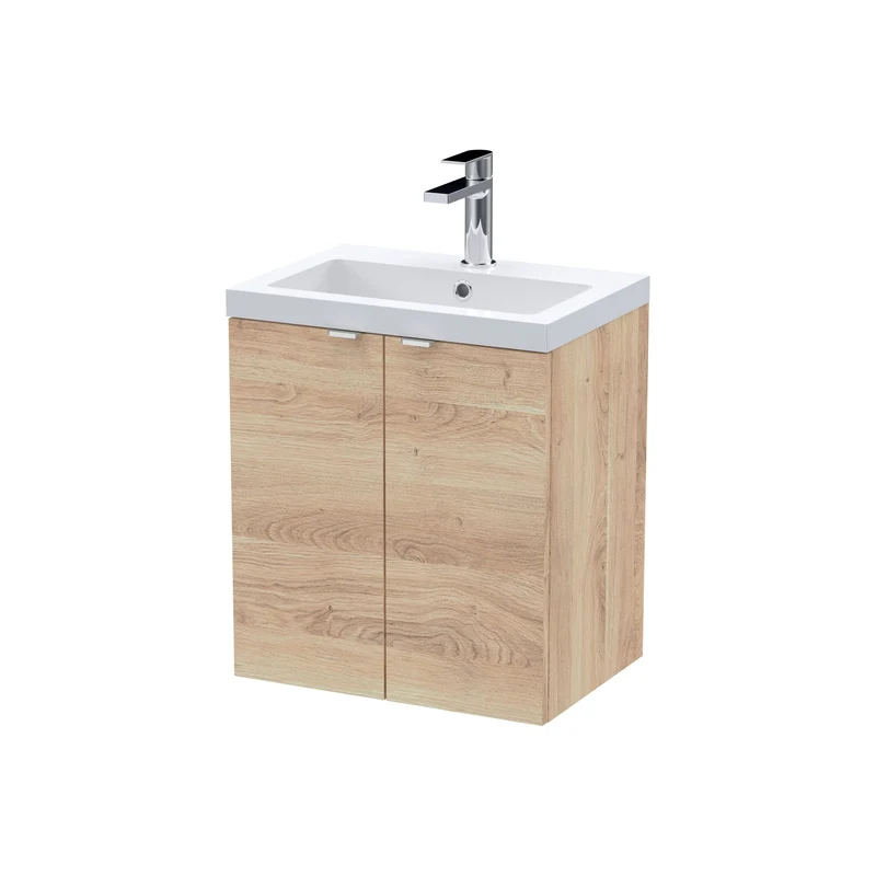 Fusion 500mm Wall Hung 2 Door Vanity Unit & Ceramic Basin - Bleached Oak Woodgrain
