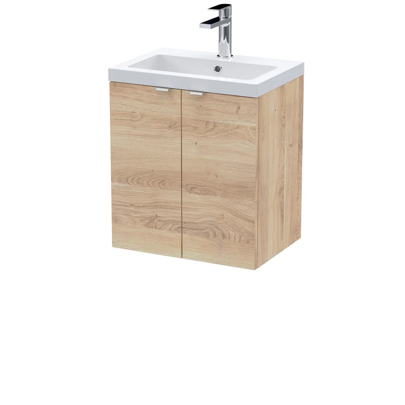 Fusion 500mm Wall Hung 2 Door Vanity Unit & Polymarble Basin - Bleached Oak Woodgrain