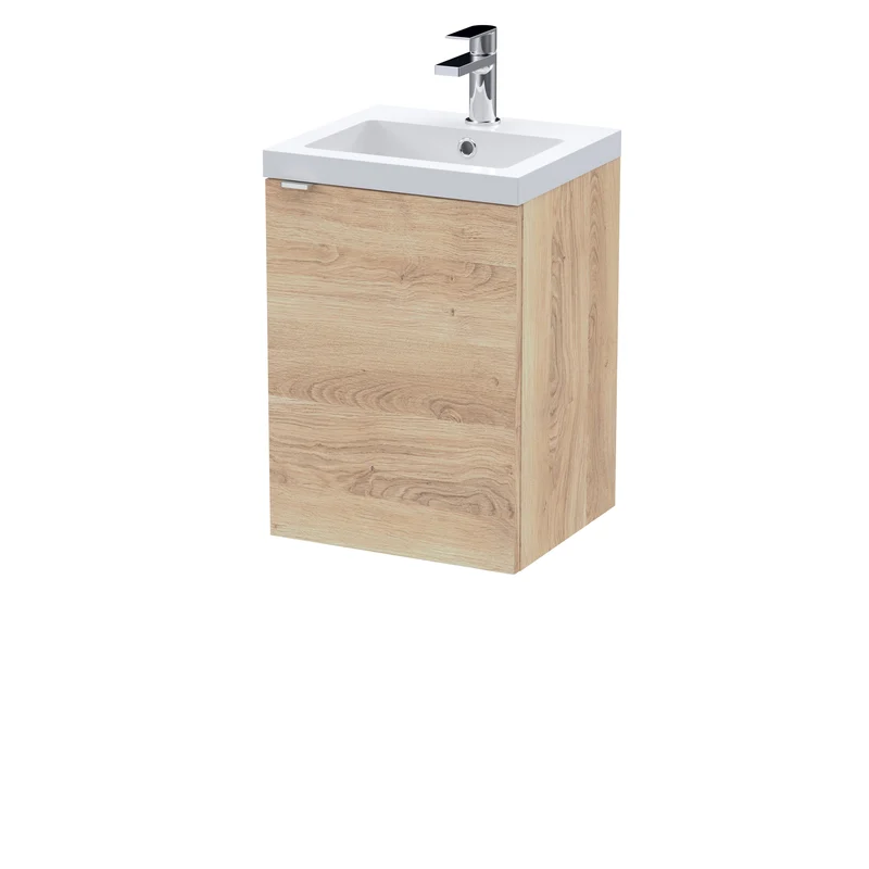 Fusion 400mm Wall Hung 1 Door Vanity Unit & Polymarble Basin - Bleached Oak Woodgrain