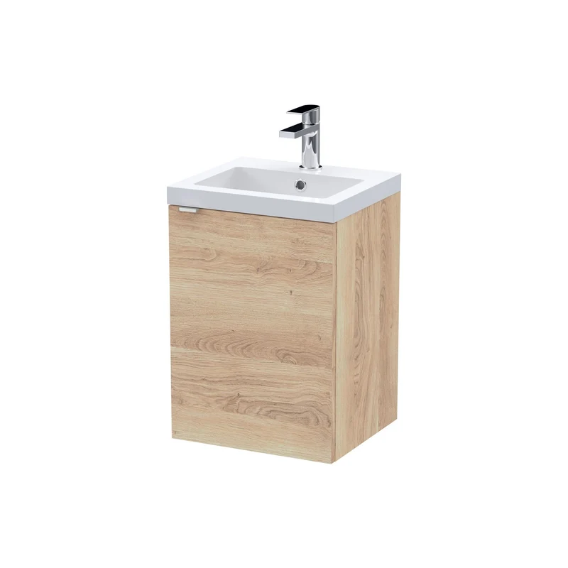Fusion 400mm Wall Hung 1 Door Vanity Unit & Polymarble Basin - Bleached Oak Woodgrain