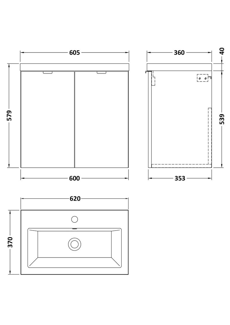 Fusion 600mm Wall Hung 2 Door Vanity Unit & Ceramic Basin - Bleached Oak Woodgrain