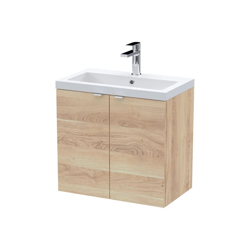 Fusion 600mm Wall Hung 2 Door Vanity Unit & Ceramic Basin - Bleached Oak Woodgrain